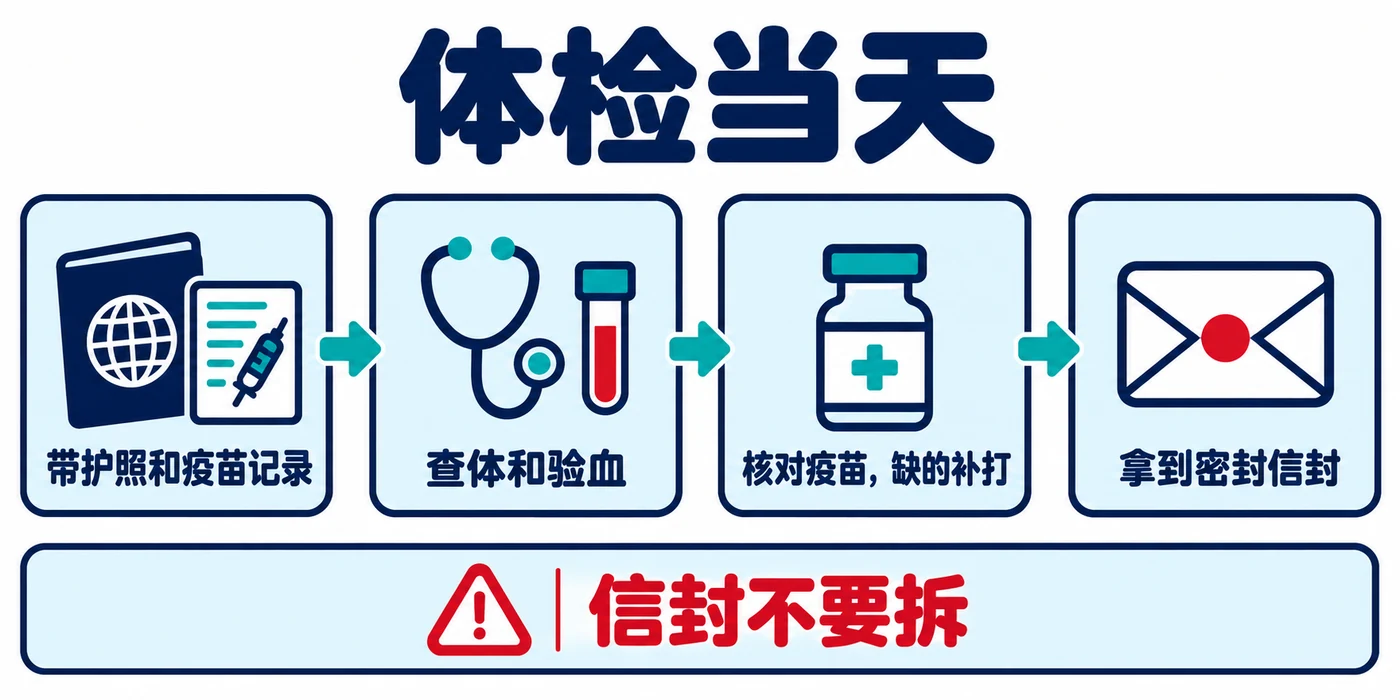 体检当天:带护照和疫苗记录,查体、验血、核对疫苗,最后拿到密封信封