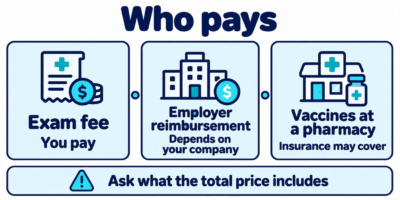Who pays: you pay the exam fee; whether your employer reimburses it depends on company policy; insurance may cover vaccines at a pharmacy