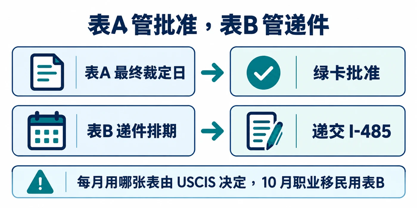 表A 是最终裁定日,决定绿卡什么时候能批;表B 是递件排期,决定什么时候可以递交 I-485