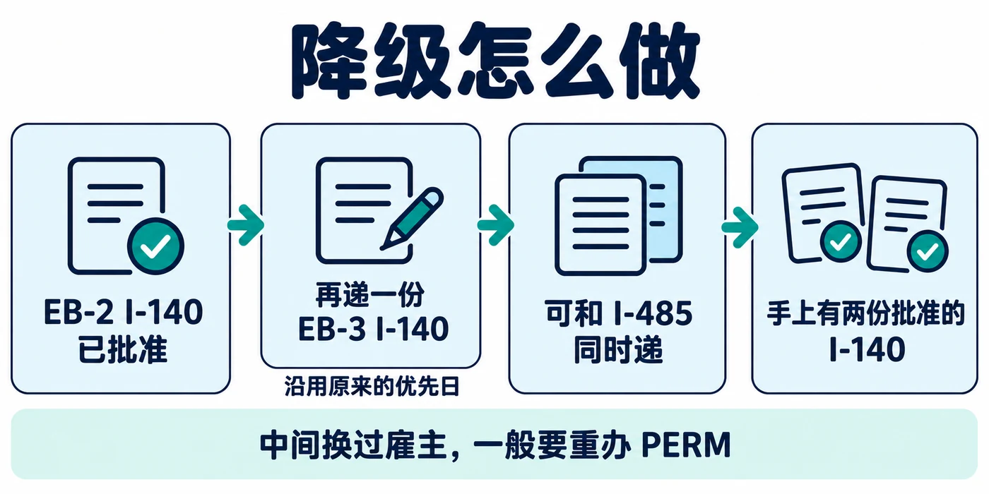 降级的四步:EB-2 I-140 已批准,再递一份沿用原优先日的 EB-3 I-140,可和 I-485 同时递,手上有两份批准的 I-140;中间换过雇主一般要重办 PERM