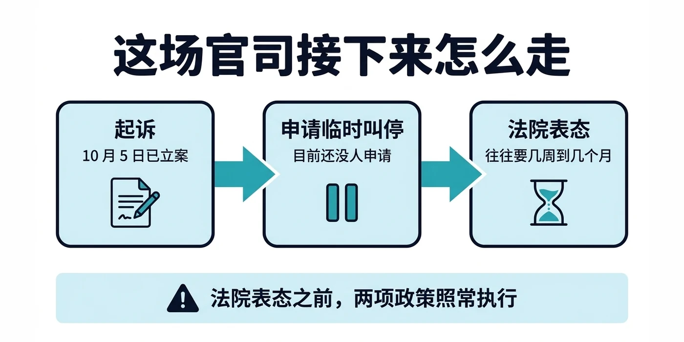 这场官司接下来怎么走:10 月 5 日已经起诉立案;下一步是申请临时叫停,目前还没人申请;再往后是法院表态,往往要几周到几个月。法院表态之前,两项政策照常执行。
