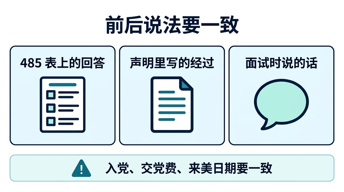 前后说法要一致:485 表上的回答、声明里写的经过、面试时说的话,三处要对得上