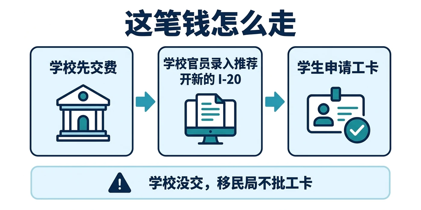 这笔钱怎么走:学校先交费,学校官员录入推荐并开新的 I-20,学生再申请工卡。学校没交,移民局不批工卡。