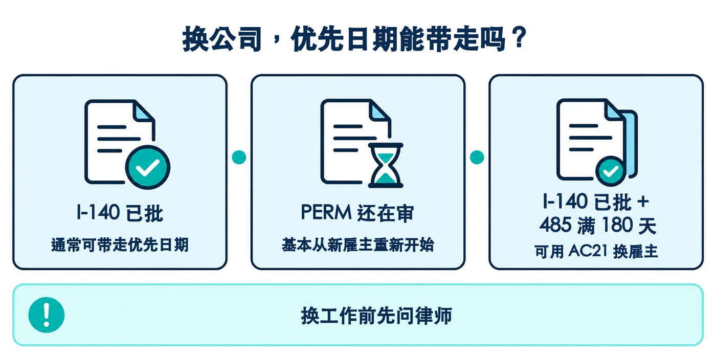 示意图:I-140 已批通常可带走优先日期;PERM 还在审基本从新雇主重新开始;I-140 已批加 485 满 180 天,可用 AC21 换雇主