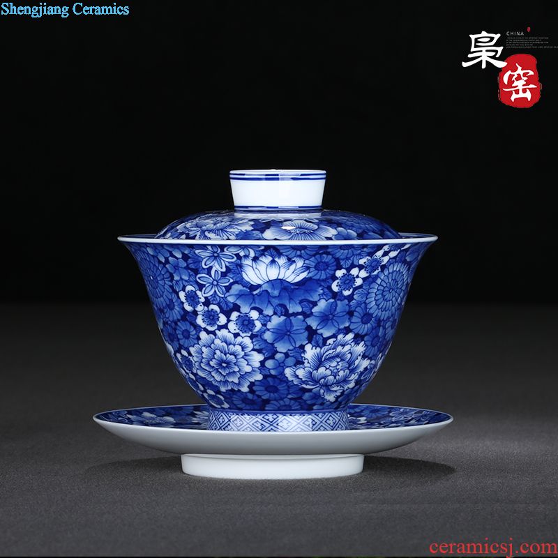 Jingdezhen ceramic tureen tea hand-painted colored enamel three bowls Large hand antique flower powder enamel cups