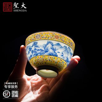 Holy big ceramic kunfu tea BeiYing blue hand-painted alum red paint the bat sample tea cup guests set of cups of jingdezhen tea service