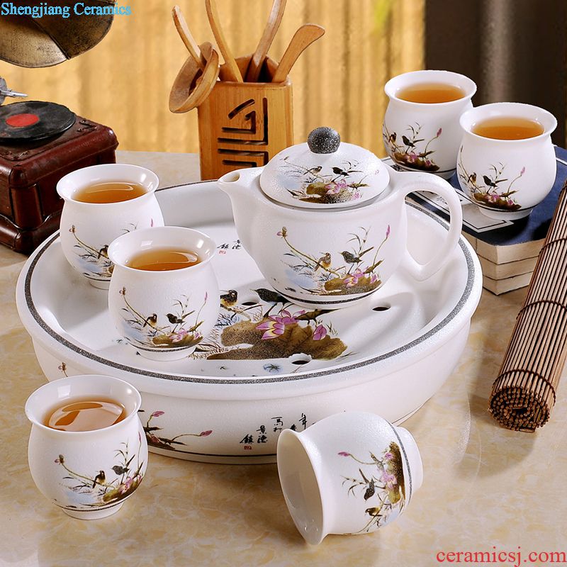 Tea set household contracted and contemporary Chinese kung fu tea kettle with solid wood tea tray of a complete set of jingdezhen ceramics