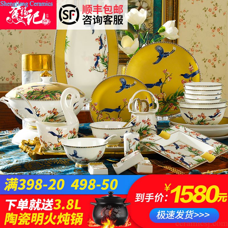 Dishes suit Chinese shadow blue glaze high-grade bone China tableware suit under the glaze painted pottery bowls set household gifts JinHe