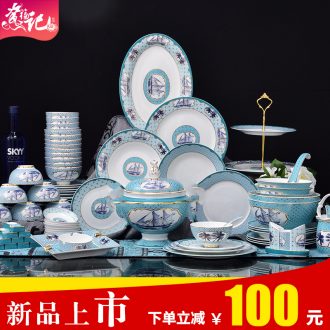 Jingdezhen blue and white porcelain tableware suit Chinese dishes ikea dishes glaze medium a bowl dish dish suit household gifts