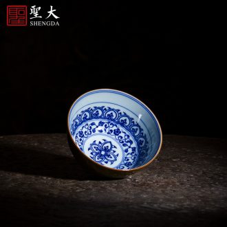 The large blue and white marble tureen teacups hand-painted ceramic dual finch figure 3 to make tea bowl full manual of jingdezhen tea service