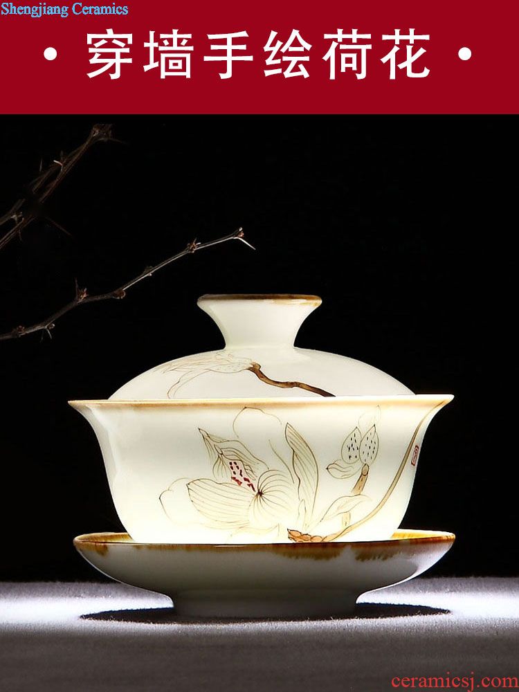 Drink to kiln hand-painted ceramic tureen jingdezhen porcelain bowl tea cup three bowl of kongfu tea cups trumpet