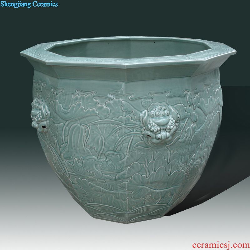 Jingdezhen hand wrapped around large diameter cylinder 80 lotus flower blue and white porcelain porcelain VAT blue classic fish tank