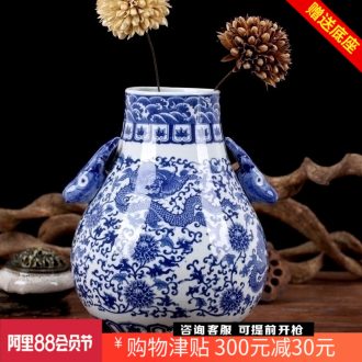 Jingdezhen blue and white porcelain vase put lotus flower dragon ceramics ears flower Chinese handicraft furnishing articles the living room