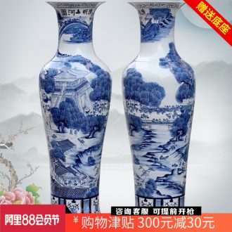 Blue and white porcelain of jingdezhen ceramic qingming scroll big vase home sitting room ground flower arranging furnishing articles adornment