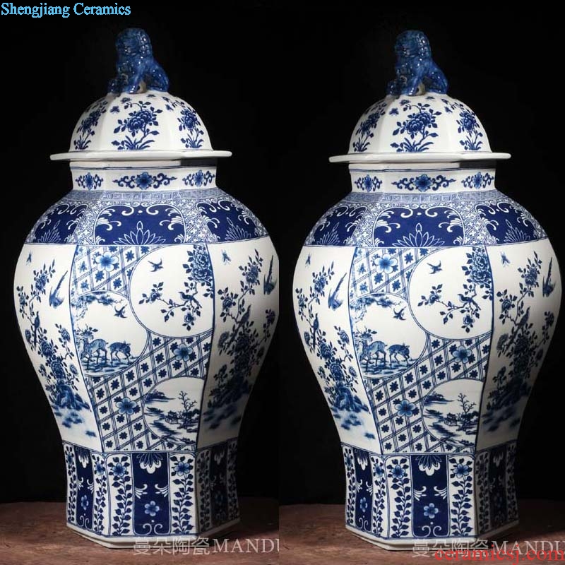 Jingdezhen 60 cm high lions general lid tank abnormity character painting of flowers and general antique porcelain pot