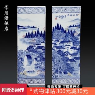 Hand-painted lake spring scenery square bottle of blue and white porcelain of jingdezhen ceramic home sitting room of Chinese style furnishing articles study adornment