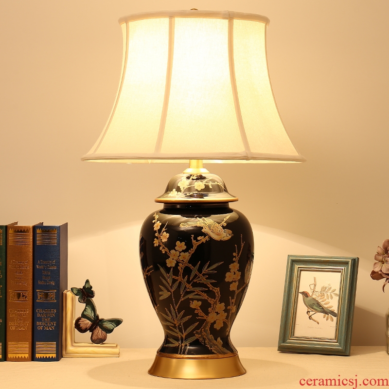 Desk lamp of bedroom the head of a bed lamp new Chinese American sitting room of Europe type restoring ancient ways rural black flowers and birds all copper ceramic desk lamp