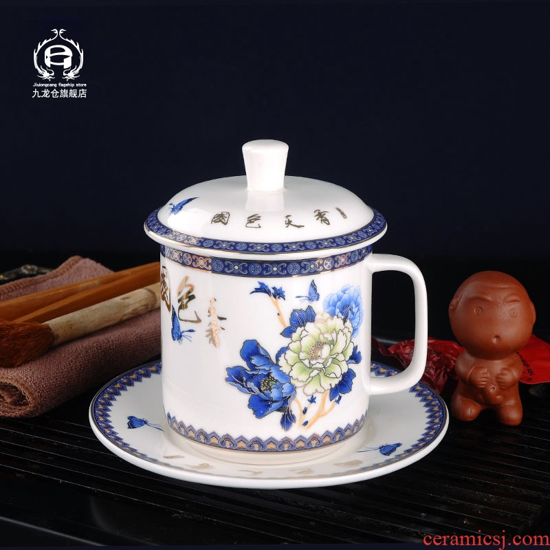 DH blue and white porcelain mug with cover ceramic cups office of jingdezhen porcelain tea cup with cups and saucers teacup