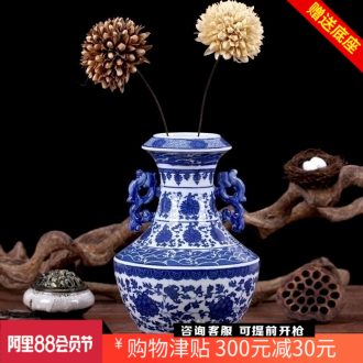 Mesa vase of jingdezhen blue and white ears tie up lotus flower blue and white ceramics modern household decorates sitting room furnishing articles