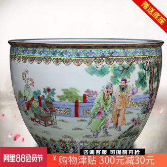 Jingdezhen ceramic hand-painted archaize straight spent large goldfish bowl fish bowl lotus cylinder calligraphy and painting tortoise cylinder