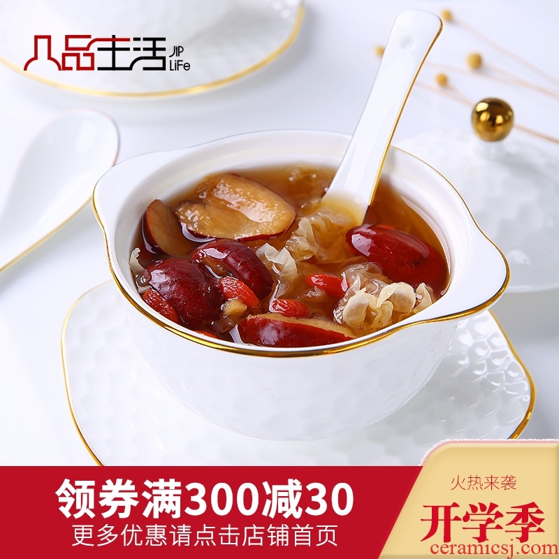 Bone China cup ears water cup stew stew bird's nest household size with cover steaming cup white bladder ceramic 2 people