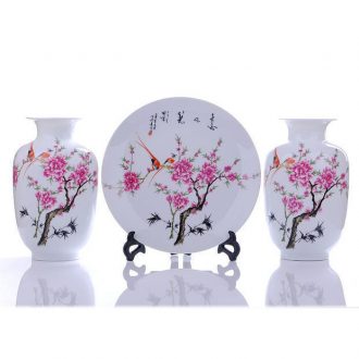 Jingdezhen ceramics peach blossom water point three-piece vase plates modern home handicraft furnishing articles