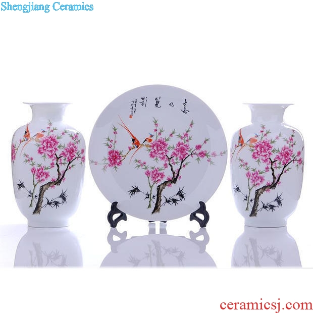 Jingdezhen ceramics peach blossom water point three-piece vase plates modern home handicraft furnishing articles