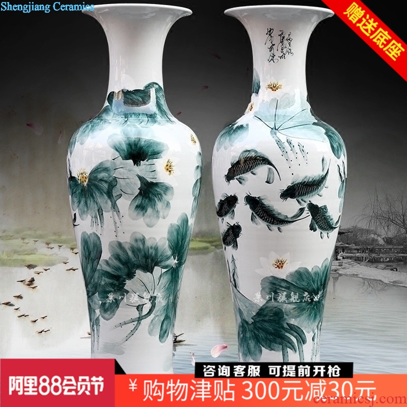 Jingdezhen ceramic ink color blue and white fish home sitting room hand-painted lotus lotus leaf landing big vase decoration furnishing articles