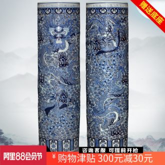 Blue and white longfeng ceramic hollow out carve landing big sitting room quiver household vase Chinese archaize hotel furnishing articles
