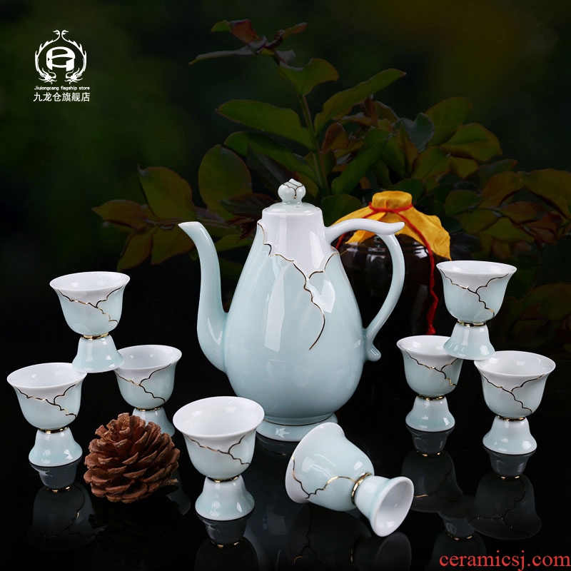 DH wine liquor cup suit household ceramics jingdezhen celadon antique Chinese paint tray hip flask