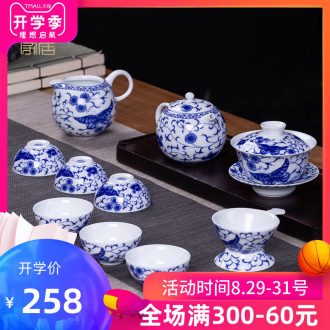 Blower, jingdezhen blue and white porcelain tea set suits home a whole set of kung fu tea set contracted lid bowl and cups of tea cups