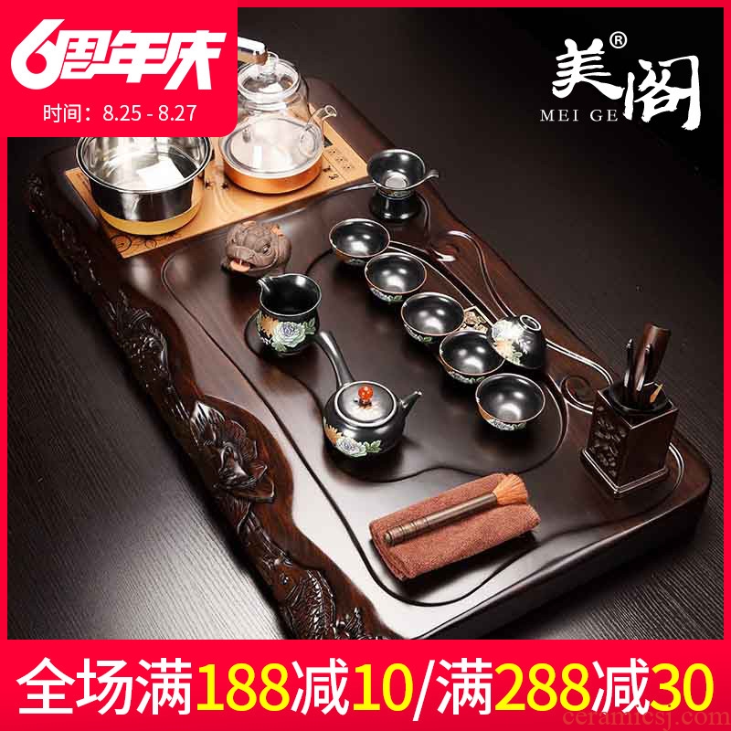 Beauty cabinet ebony tea set four one automatic tea tray purple ceramic teapot household solid wood tea sets