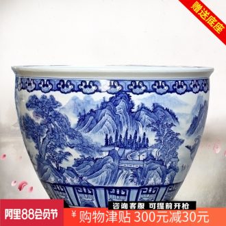 Jingdezhen ceramics sitting room aquarium archaize large blue and white landscape water lily tortoise hand-painted cylinder tank yard wind