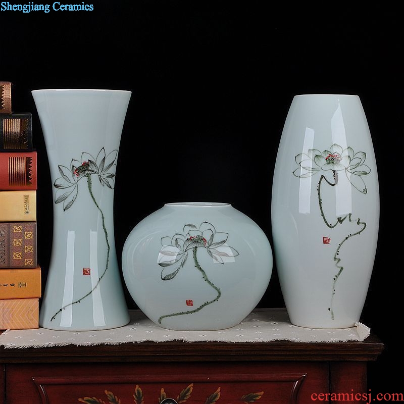 Jingdezhen ceramics vase modern Chinese celadon hand-painted three-piece household adornment handicraft furnishing articles