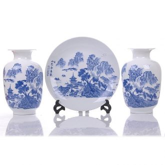 Jingdezhen ceramics three-piece landscape of blue and white porcelain vase plates modern home furnishing articles sitting room