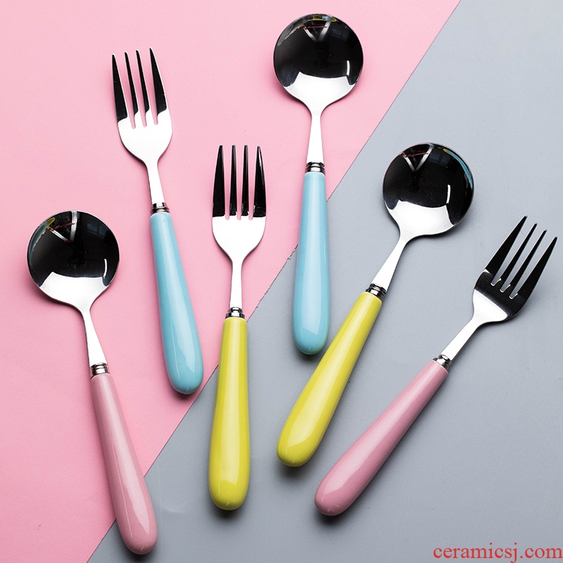 Spoon domestic three-piece set stainless steel children creative lovely tableware ceramics long-handled fork eating ice cream