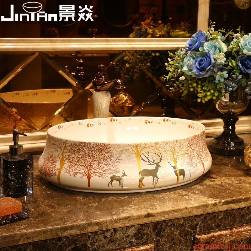 JingYan milu deer forest art stage basin creative European ceramic lavatory personality profile of the basin that wash a face the sink