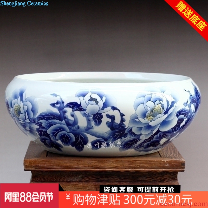 Jingdezhen ceramics hand-painted water lily bowl lotus goldfish turtle cylinder for peony bamboo fish bowl year after year shallow water