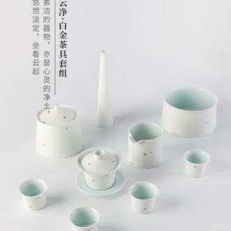 JingDe clouds cloud in net green tea set household white porcelain tea set ceramic glaze platinum kung fu tea cups