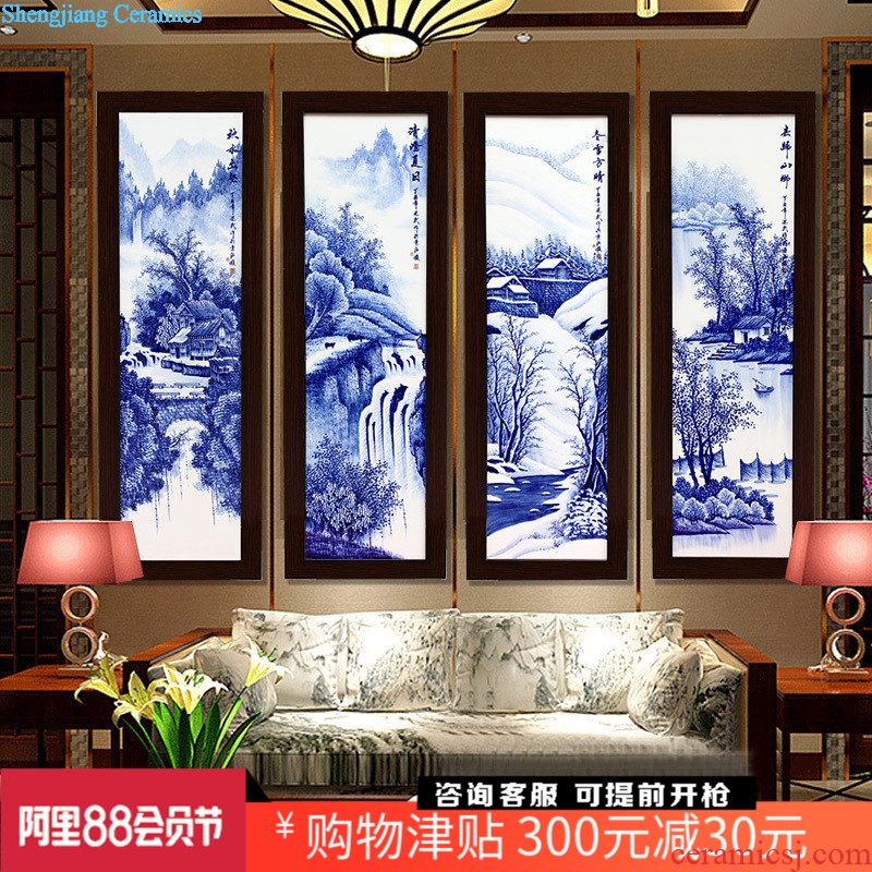 Hand-painted ceramic painting jingdezhen blue and white porcelain of chun xiaqiu winter hang a picture to the sitting room four screen adornment porcelain plate painting background