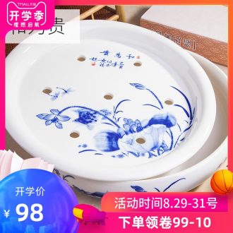 Circular tea tray, ceramic household tray jingdezhen blue and white porcelain kung fu tea water tea tea saucer