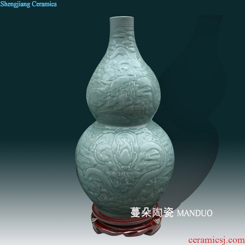 High-grade refined celadon vase landing carved dragon gourd vase of jingdezhen relief elegant bottle gourd