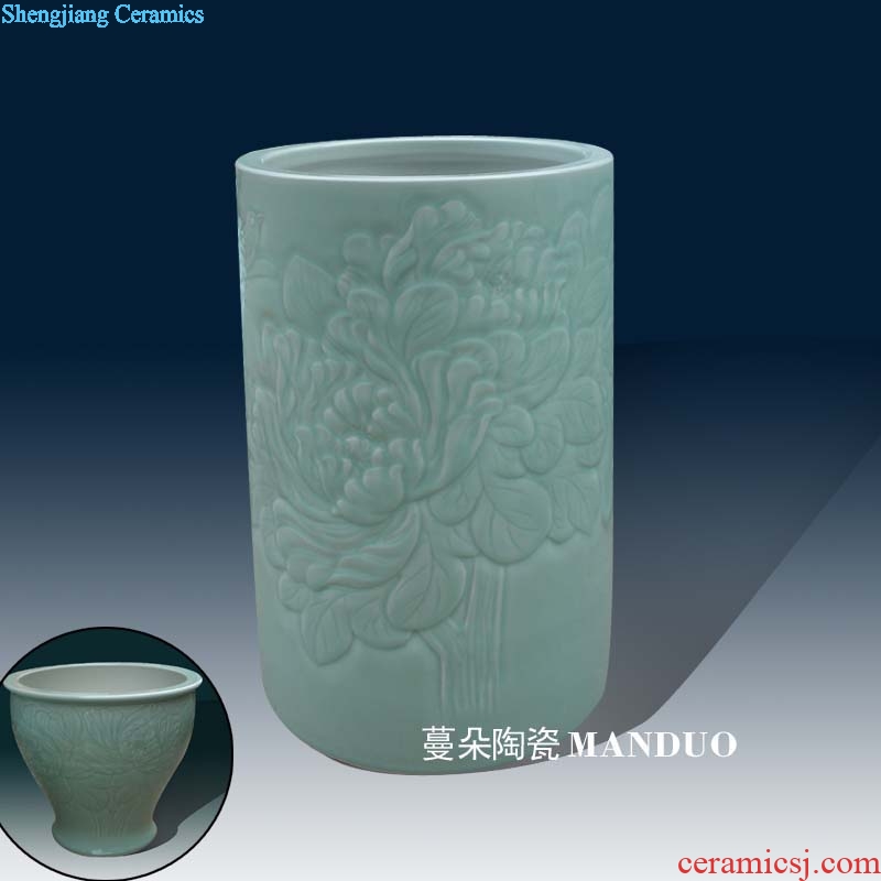 Jingdezhen anaglyph peony celadon quiver and calligraphy jingdezhen celadon porcelain quiver peony flowers cylinder