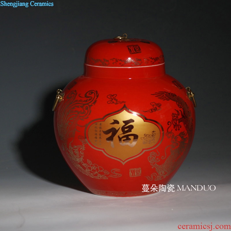 Bright red longfeng ceramic porcelain cover tank storage tank marry festival yuanyang cover pot wedding supplies