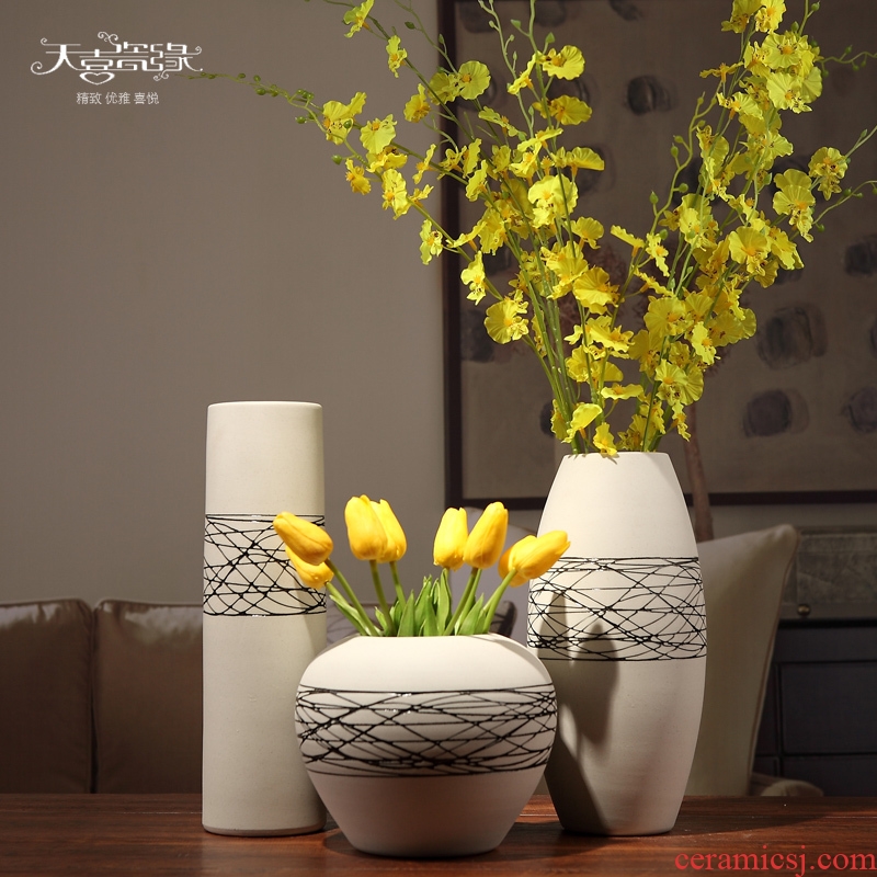 Contemporary and contracted ceramic dry put vase three-piece living room TV cabinet table home decoration coarse pottery furnishing articles