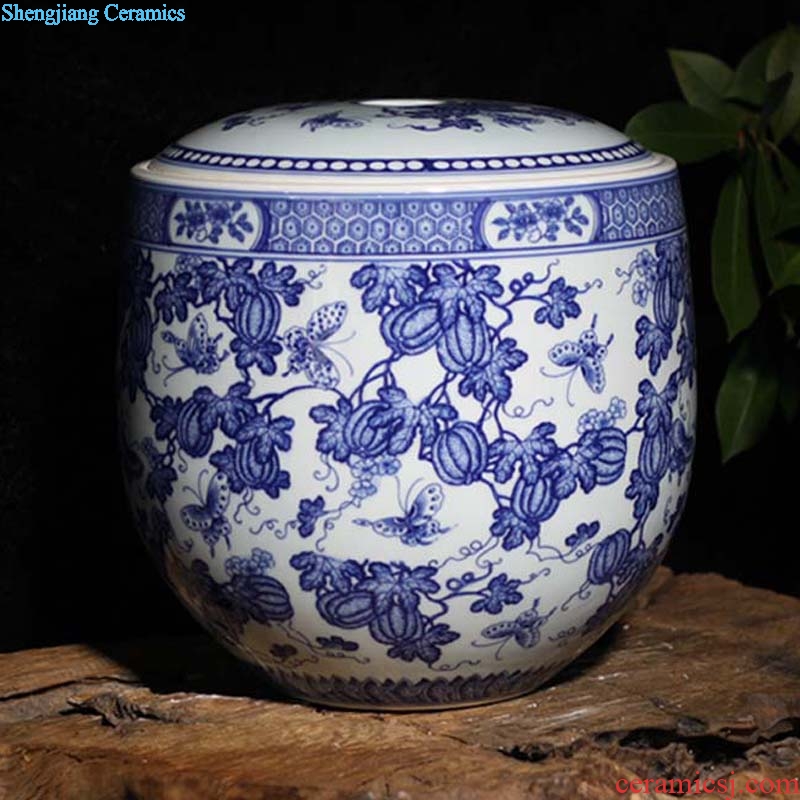 Jingdezhen hand-painted 10 jins 20 jins high-grade pumpkin flat cap jar of blue and white porcelain storage tank high-grade POTS