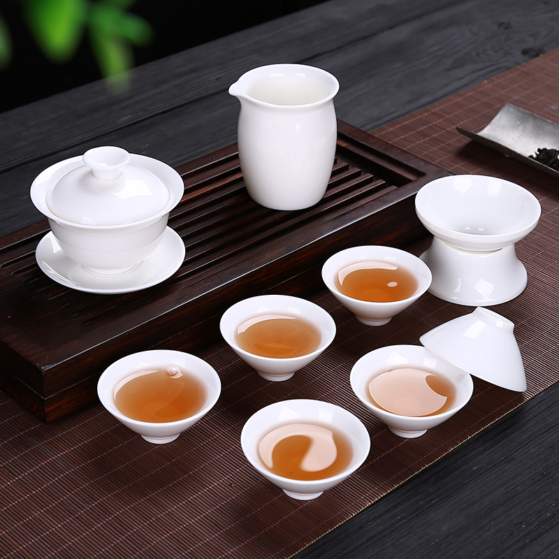 Leopard lam premium suet jade porcelain box kung fu tea set household ceramic white porcelain tea cups office tureen