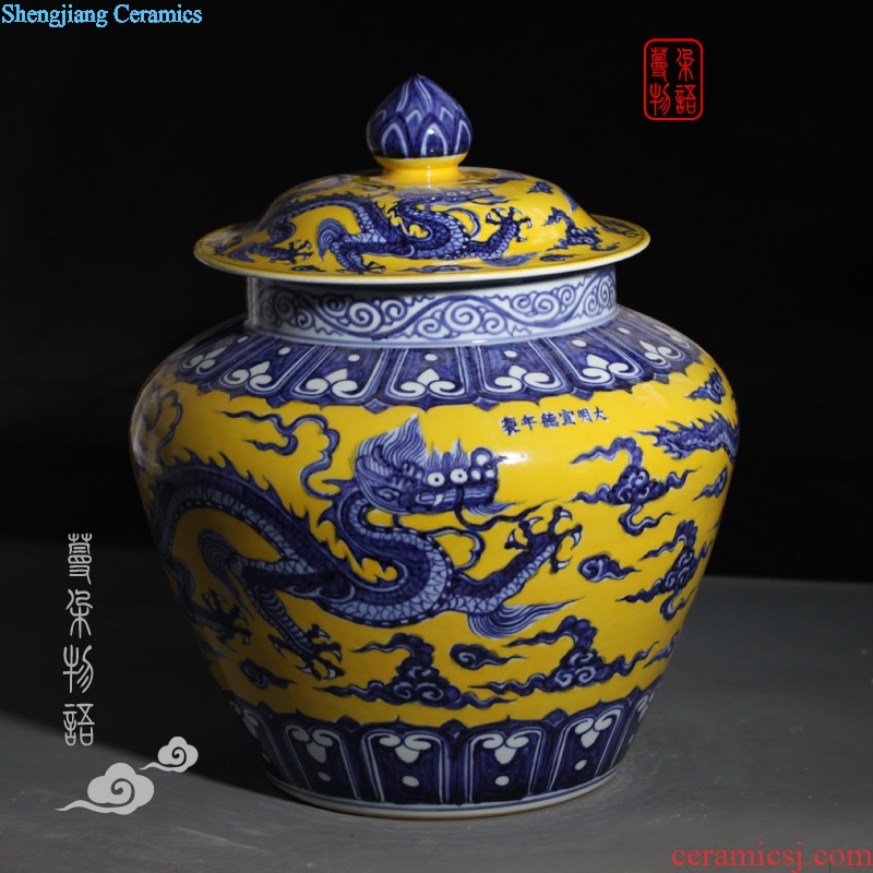 Jingdezhen jintong yellow blue and white dragon cover pot style elegant palace imperial porcelain cover tank