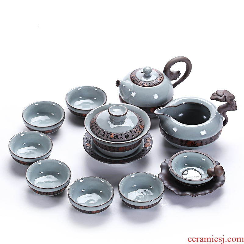 Old elder brother kiln at grid on tea longteng teapot teacup suit kung fu home office ceramic tea set a complete set of gift box