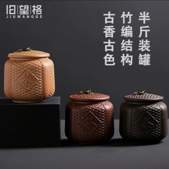 Old looking, violet arenaceous caddy half jins of ceramic storage POTS bamboo weaving retro bulk tea pot seal storage tanks